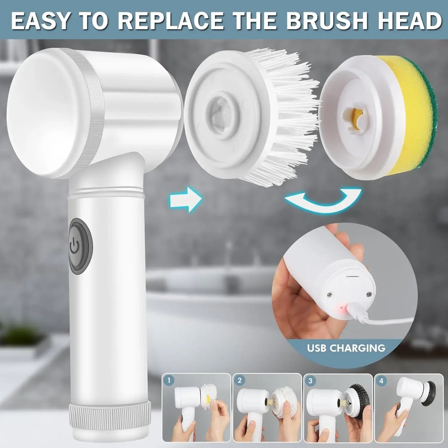 ﻿ 2024 New Electric Spin Scrubber,Bathroom Cleaning Brush Power Scrubber with 5 Replaceable Brush Heads, Electric Cleaning Brush